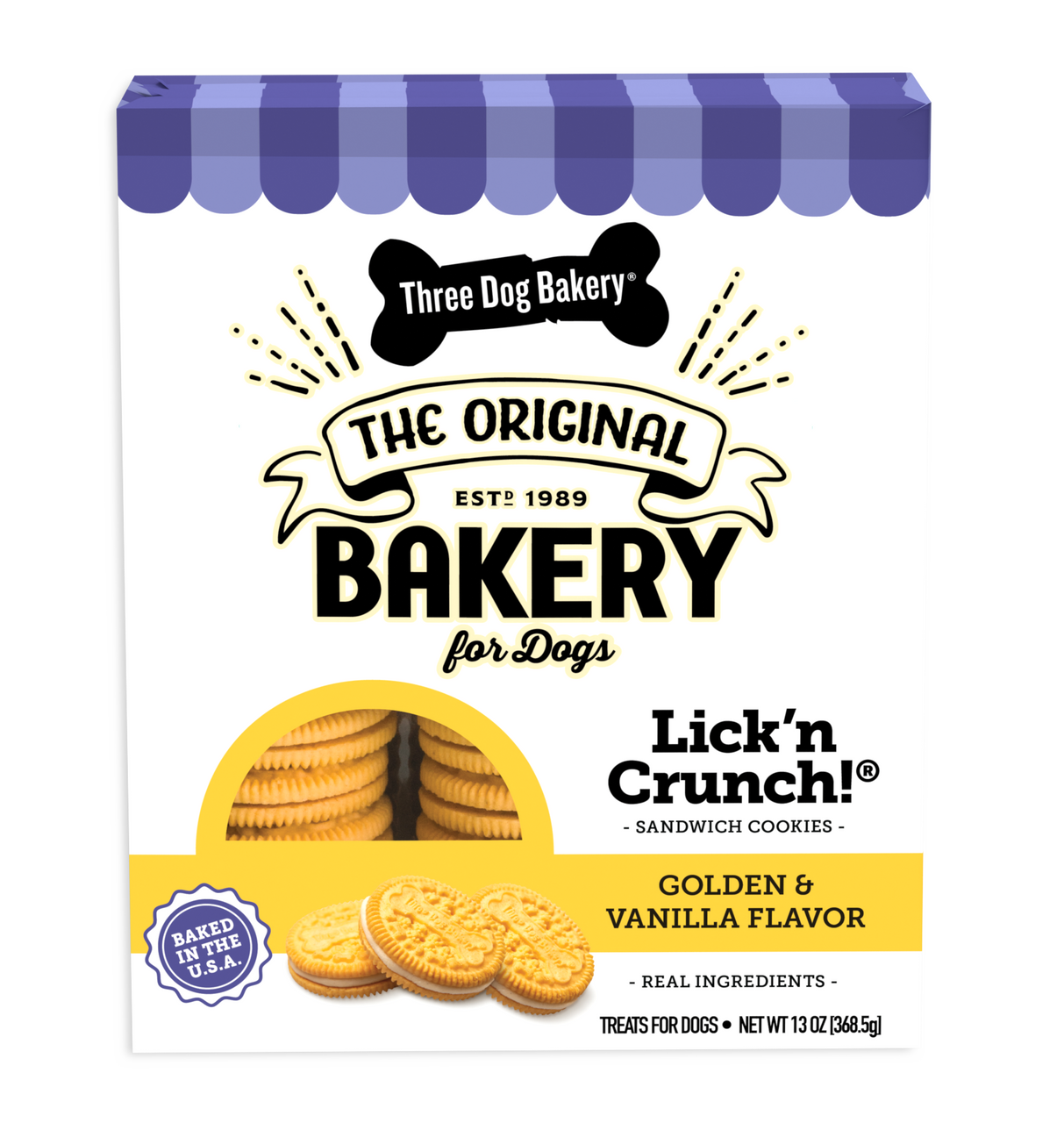 Three Dog Bakery Dog Treats Lick'n Crunch Sandwich Cookies Golden & Vanilla 13 oz