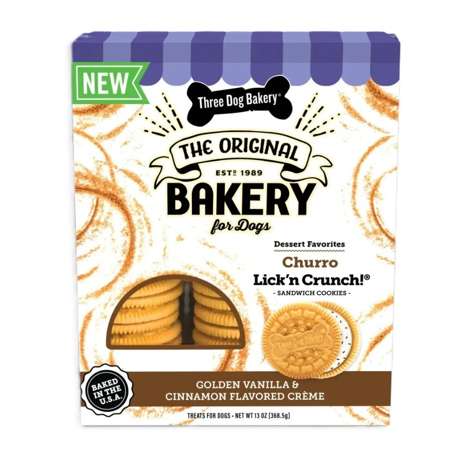 Three Dog Bakery Churro Lick'n Crunch! Sandwich Cookies for Dogs, 13oz