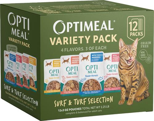 Optimeal Wet Cat Food Grain Free 3oz Pouch Surf and Turf Variety 12 Pack