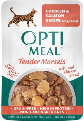 Optimeal Wet Cat Food Grain Free 3oz Pouch Tender Chicken Salmon in Gravy