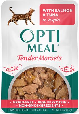 Optimeal Wet Cat Food Grain Free 3oz Pouch Tender Salmon Tuna in Aspic