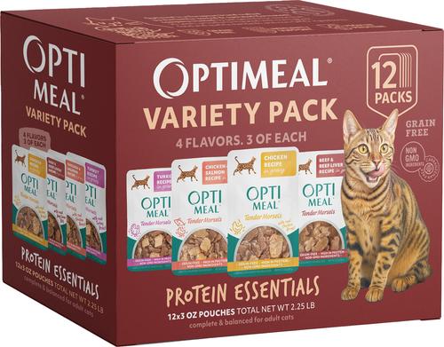 Optimeal Wet Cat Food Grain Free 3oz Pouch Protein Essentials Variety 12 Pack
