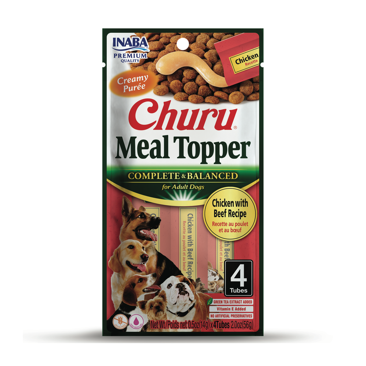INABA Churu Purée Dog Food Topper, 0.5 Ounce Tube, 4 Tubes, Chicken with Beef Recipe