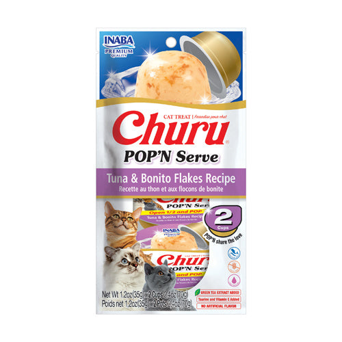 INABA Churu Pop'N Serve Jelly Cat Treat with Vitamin E & Taurine, 1.2 Ounce Cup, 2 Cups, Tuna & Bonito Flakes Recipe