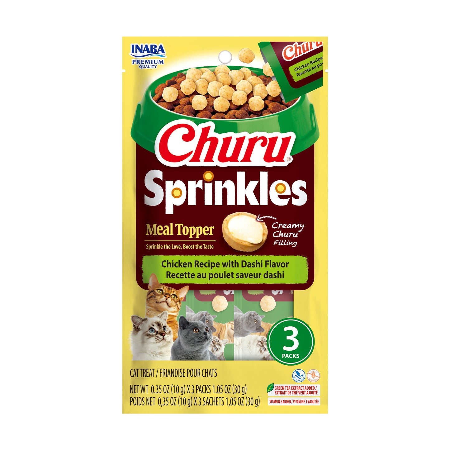 INABA Churu Sprinkles for Cats, 0.35oz 3pk Chicken Recipe with Dashi Flavor