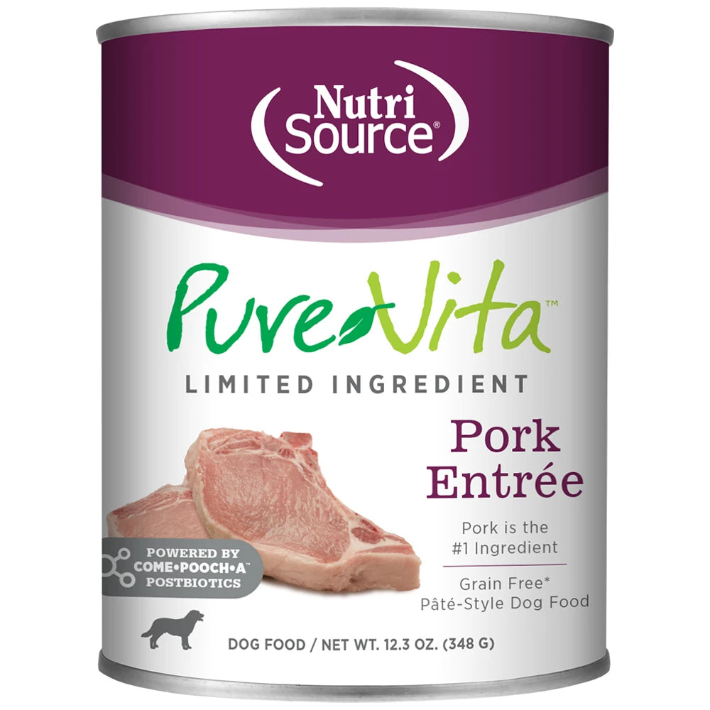 Pure Vita Wet Dog Food 12.3oz Grain Free Pork Pate Can