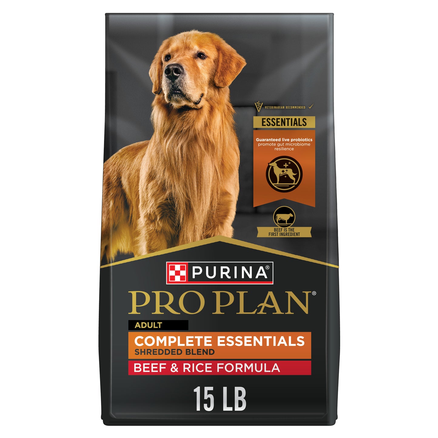 Purina Pro Plan Complete Essentials Shredded Blend Beef and Rice Dog Food 15lb Bag