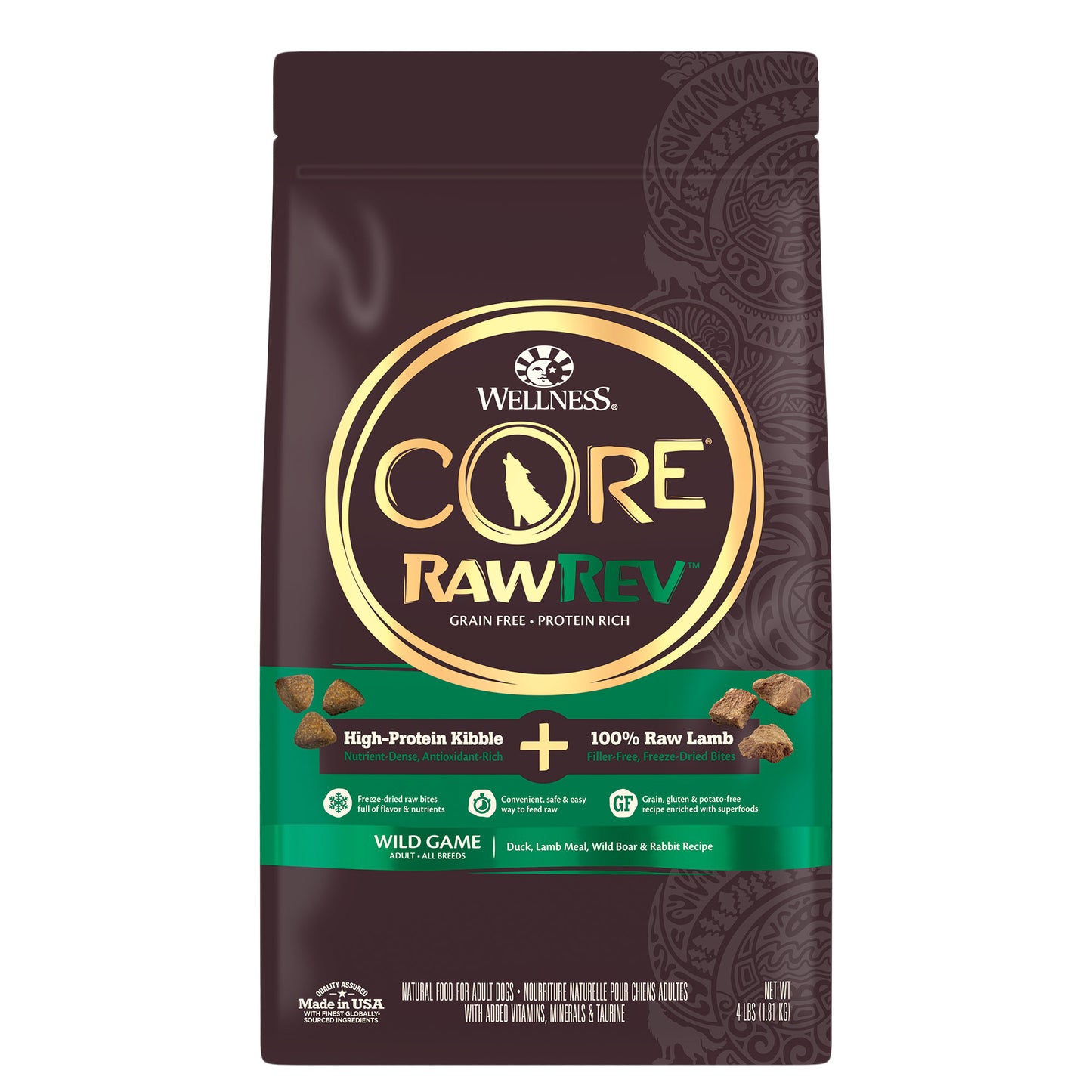 Wellness CORE RawRev Natural Grain Free Dry Dog Food Wild Game Duck Wild Boar & Rabbit with Freeze Dried Lamb 4lb Bag