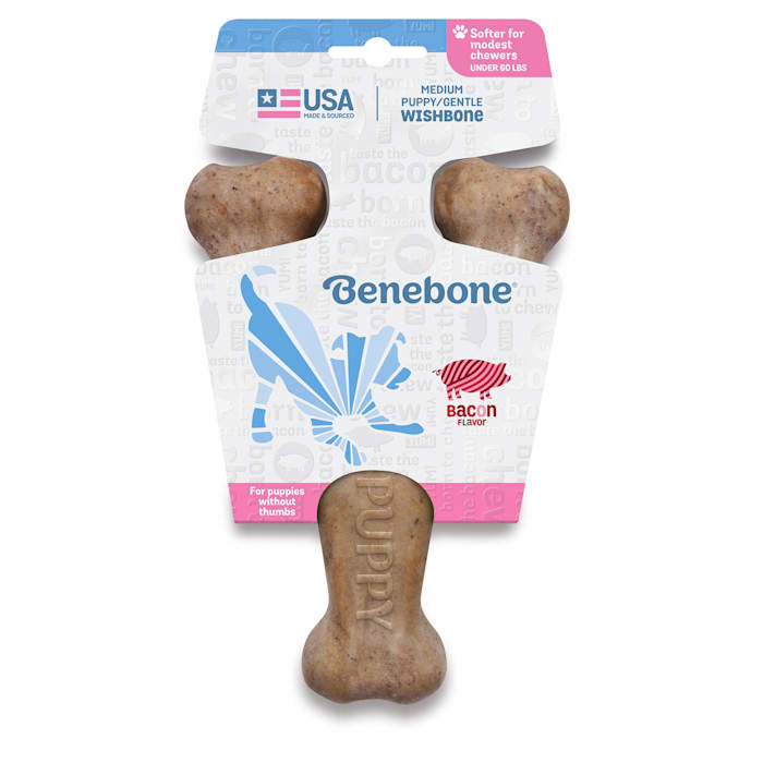 Benebone Puppy Wishbone Dog Chew Toy Softer for Modest Chewers Bacon Medium