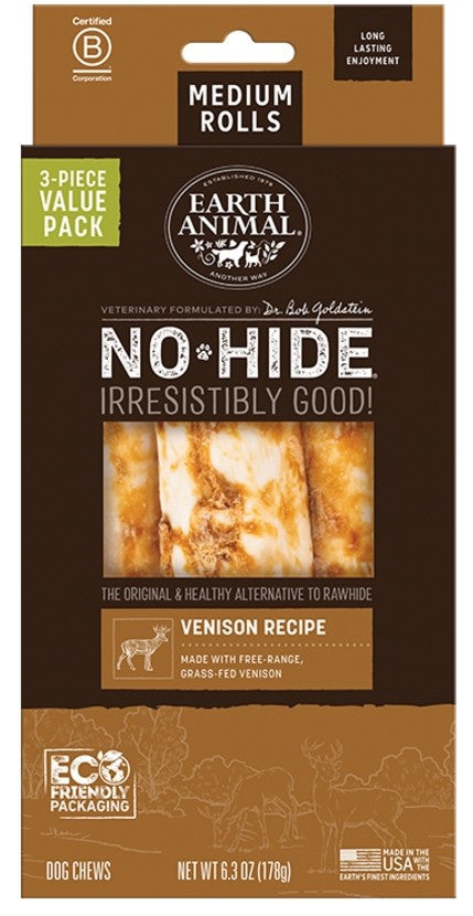 Earth Animal No-Hide Venison Rolls Dog Treats, Medium, 3 Pk