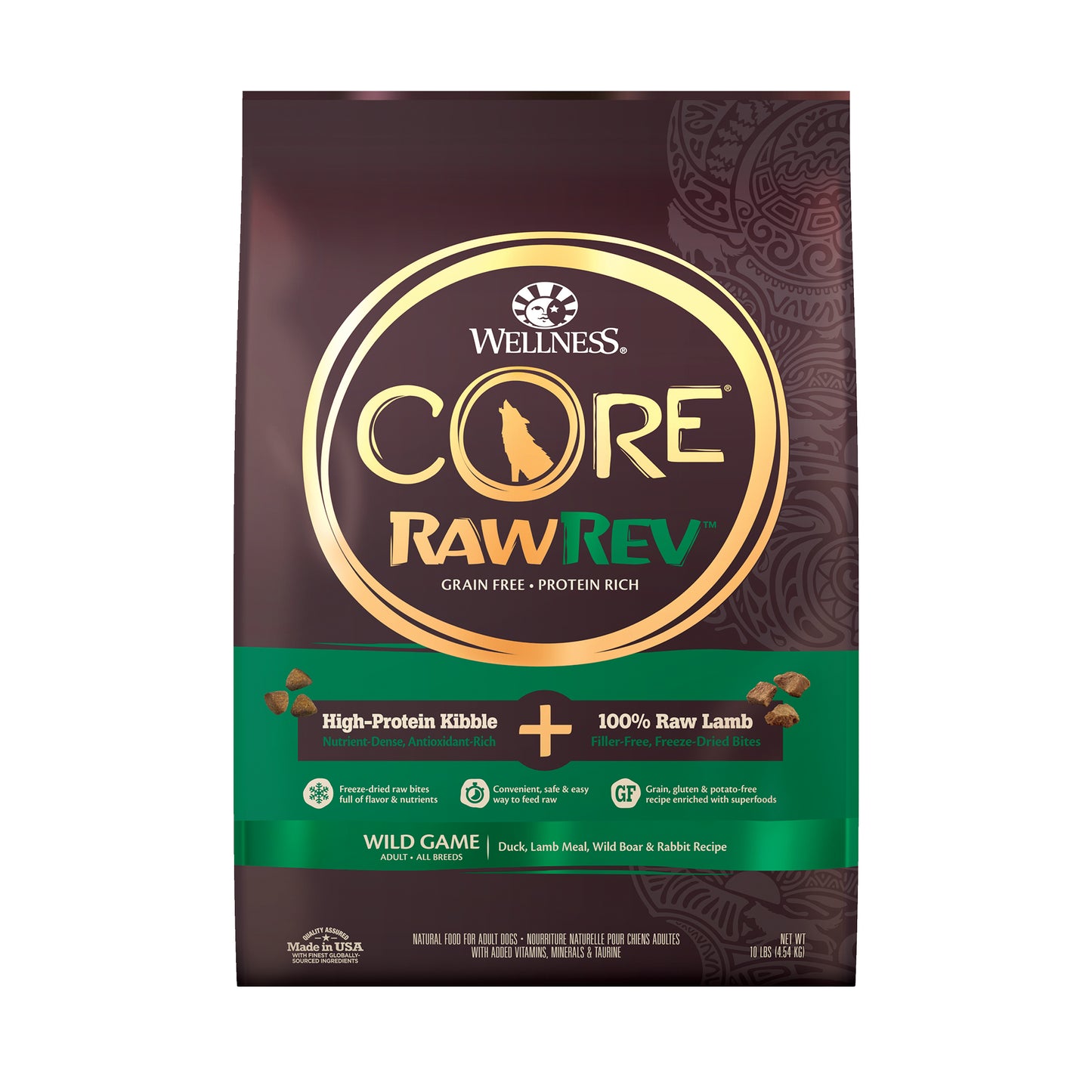 Wellness CORE RawRev Natural Grain Free Dry Dog Food Wild Game Duck Wild Boar & Rabbit with Freeze Dried Lamb 10lb Bag