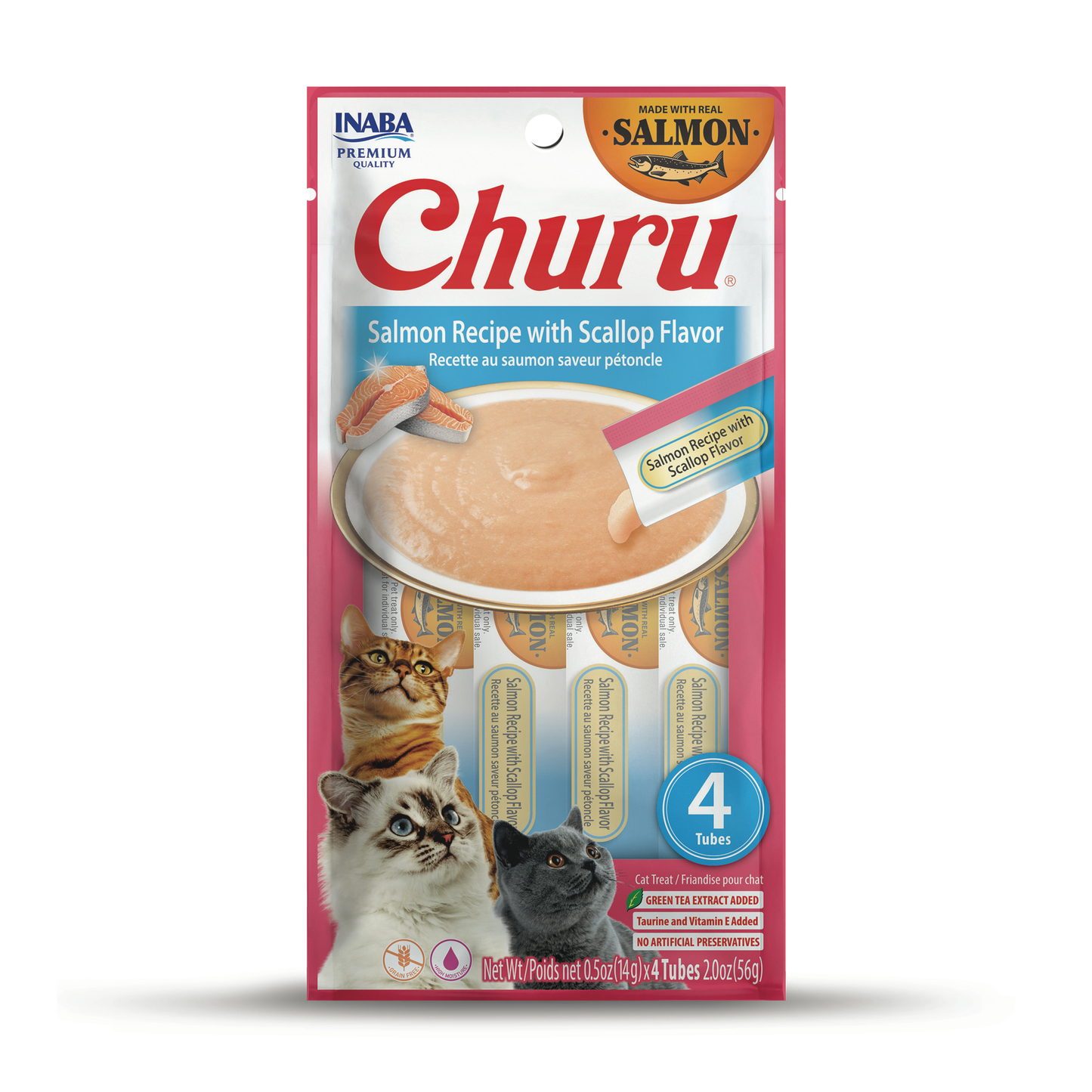 INABA Churu Cat Treats, Grain-Free, Lickable, Squeezable Creamy Purée Cat Treat with Vitamin E & Taurine, 0.5 Ounces Each Tube, 4 Tubes, Salmon Recipe with Scallop Flavor