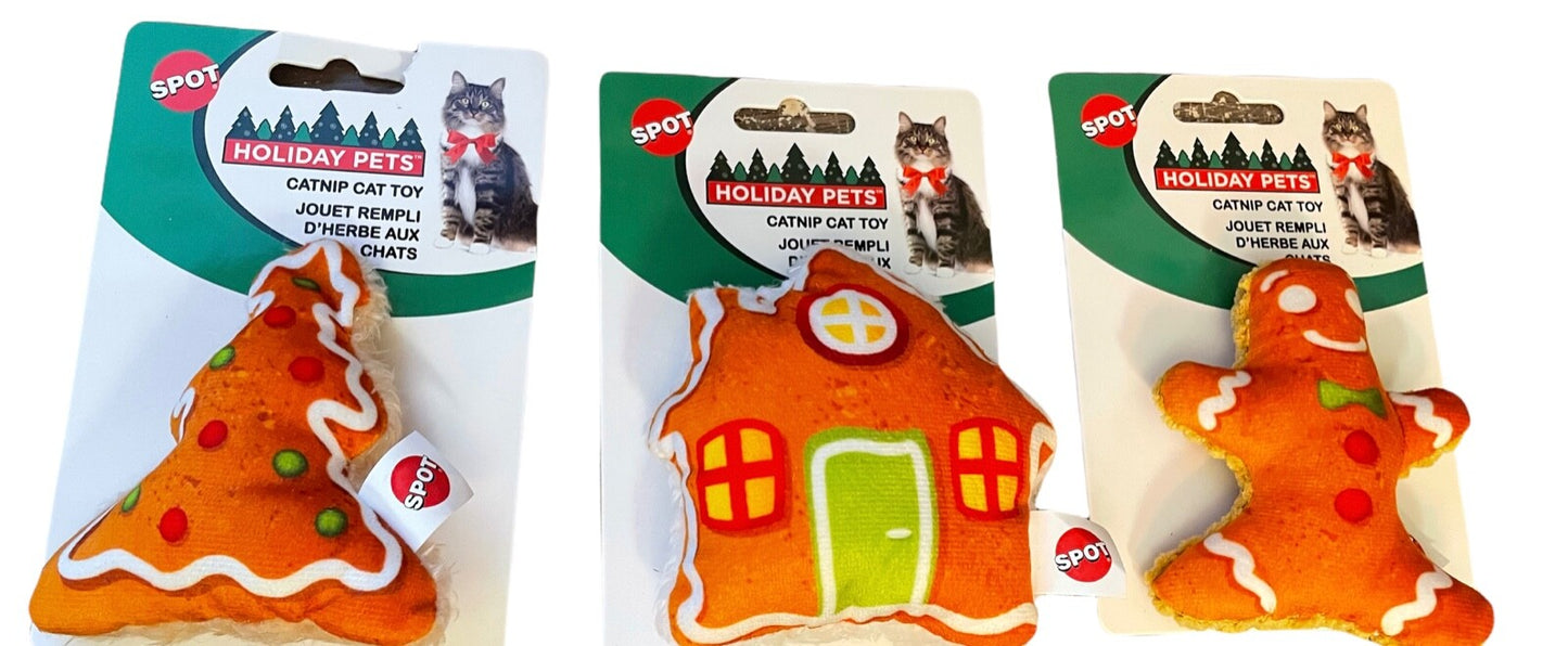 Spot Holiday Plush Catnip Toy Gingerbread Man House Tree 4in Assorted