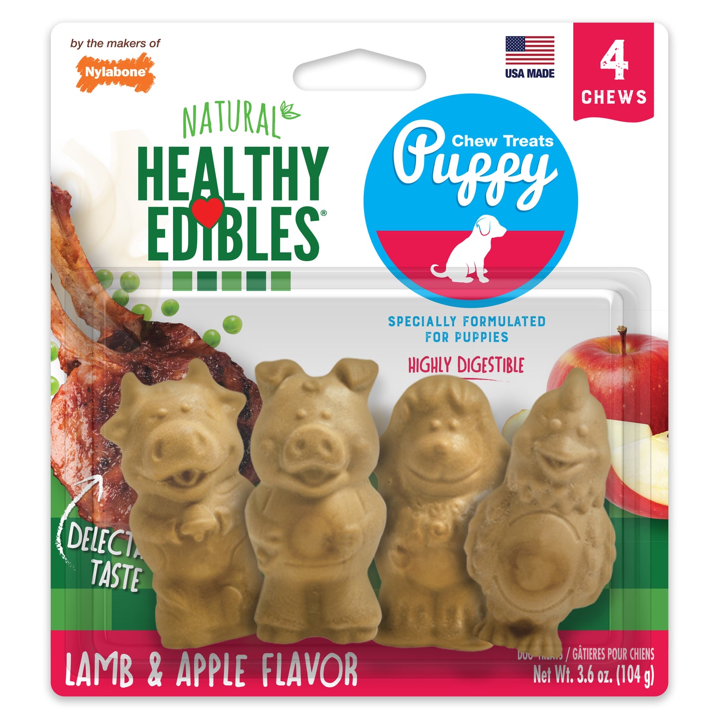 Nylabone Healthy Edibles Puppy Animal-Shaped Lamb & Apple Dog Chew Treats Small/Regular