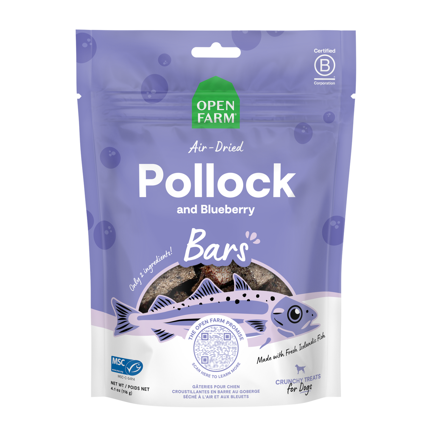 Open Farm Air Dried Pollock And Blueberry Dog Crunchy Treat Bars 4.1oz Bag
