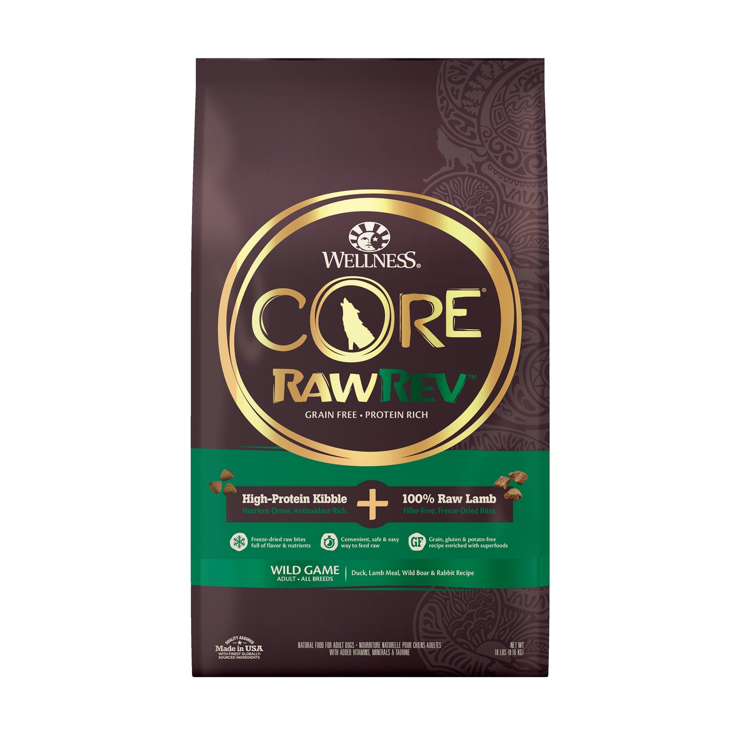 Wellness CORE RawRev Natural Grain Free Dry Dog Food Wild Game Duck Wild Boar & Rabbit with Freeze Dried Lamb 18lb Bag