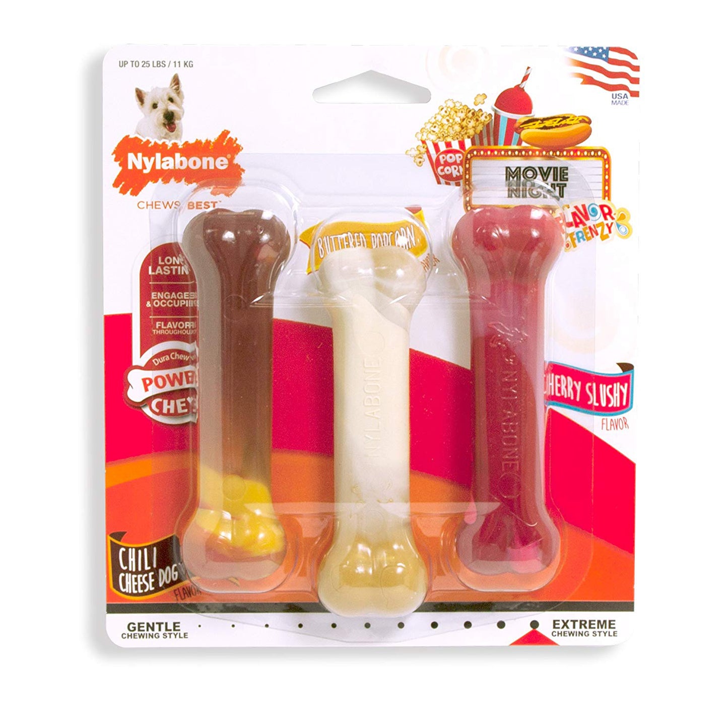 Nylabone Flavor Frenzy Power Chew Triple Pack Chili Cheese Dog, & Popcorn & Cherry Small/Regular