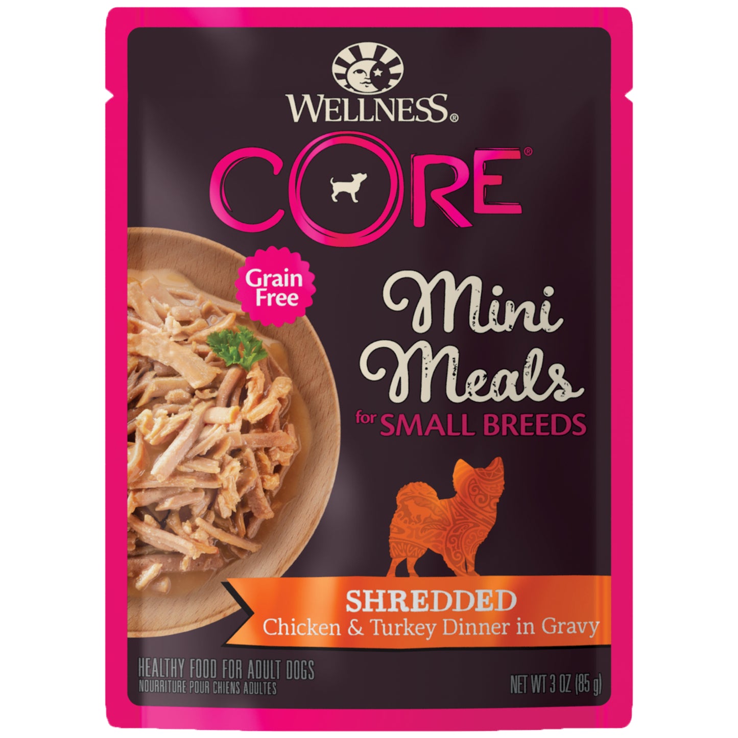 Wellness CORE Natural Grain Free Small Breed Mini Meals Wet Dog Food Shredded Chicken & Turkey Dinner in Gravy 3oz Pouch
