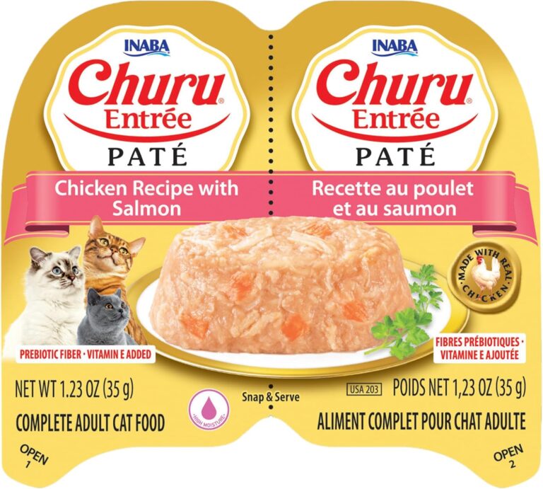 INABA Churu Entree Pate for Cats Grain Free Wet Cat Food Chicken with Salmon Recipe 2.4oz Split Tray
