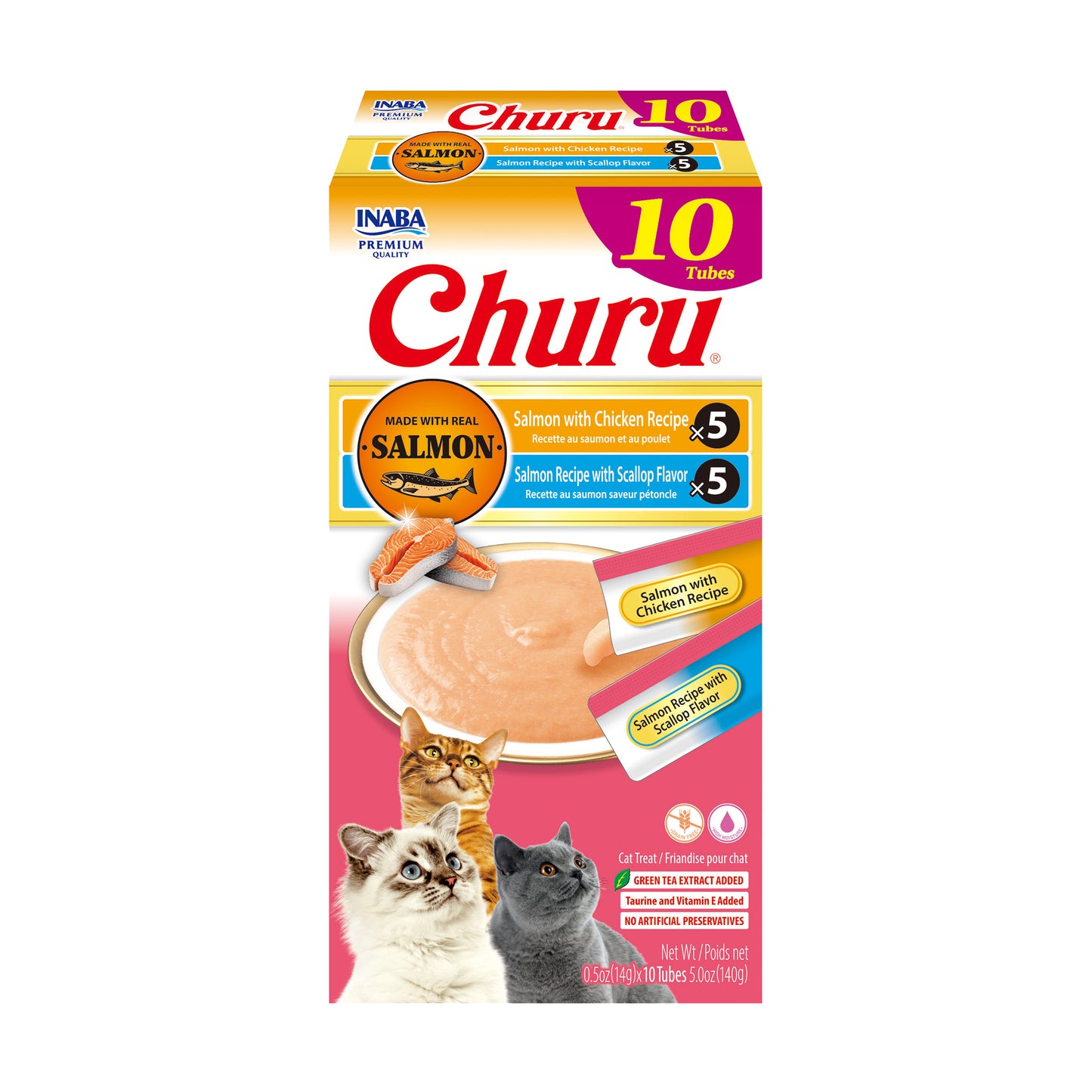 INABA Churu Cat Treats, Grain-Free, Lickable, Squeezable Creamy Purée Cat Treat with Vitamin E & Taurine, 0.5 Ounces Each Tube, 10 Tubes, Scallop & Chicken Variety