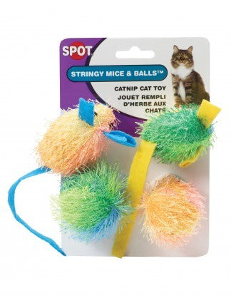 Spot Ethical Pet Cat Toy Stringy Mice & Ball With Catnip 4Pk