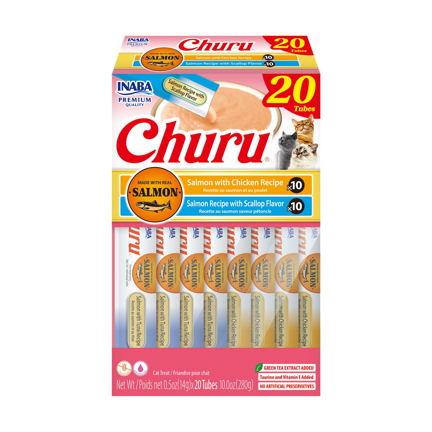 INABA Churu Cat Treats, Grain-Free, Lickable, Squeezable Creamy Purée Cat Treat with Vitamin E & Taurine, 0.5 Ounces Each Tube, 20 Tubes, Scallop & Chicken Variety Box