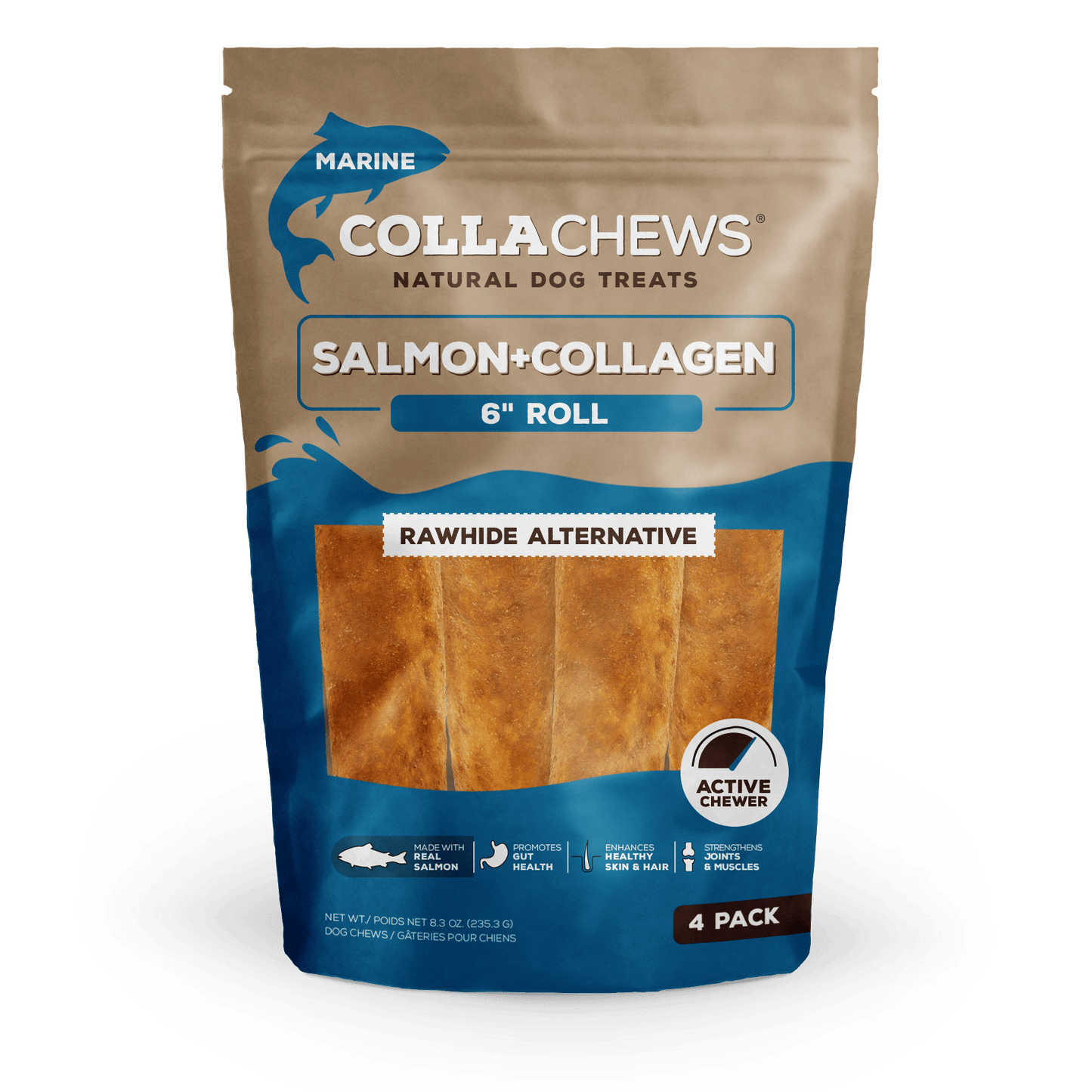 Collachews Dog Treat Salmon Collagen Roll 6in