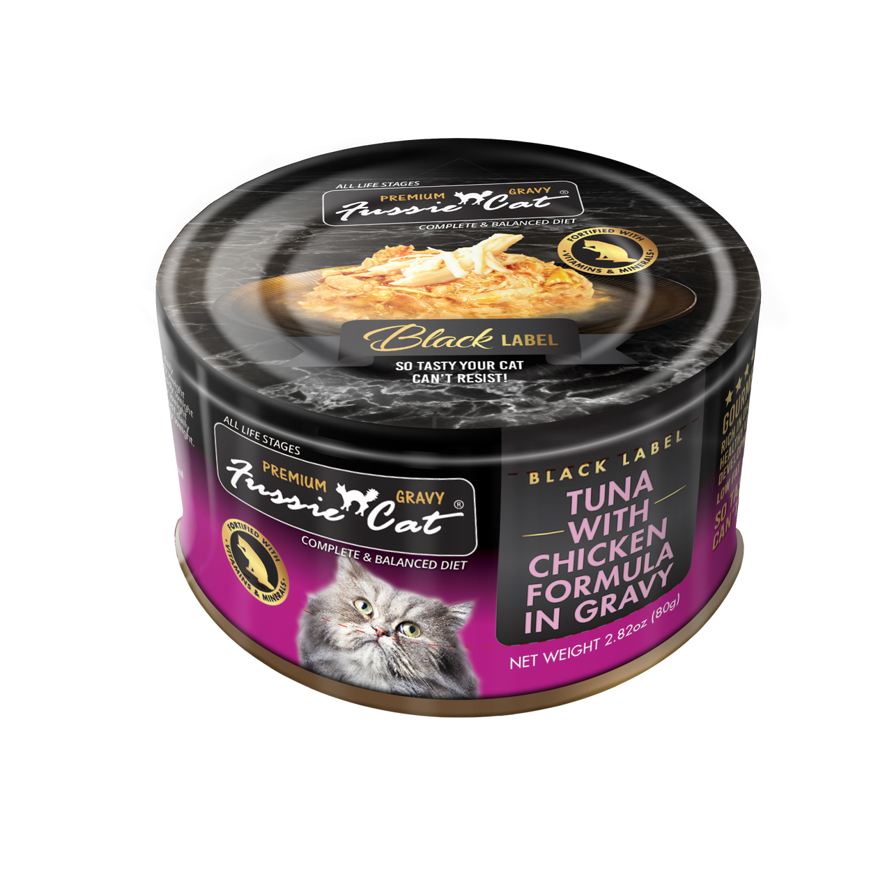 Fussie Cat Premium Black Label Tuna w/Chicken in Gravy 2.82oz can
