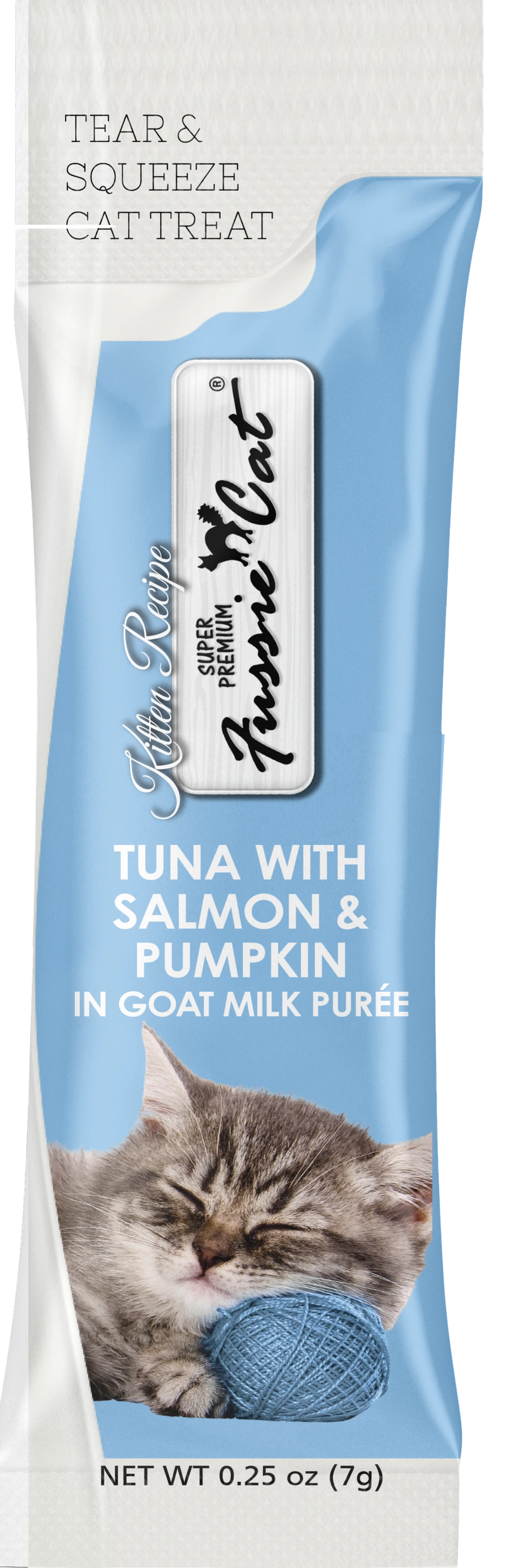 Fussie Super Premium Tuna in Goats Milk Puree Kitten Cat Treat .25oz 4 Pk