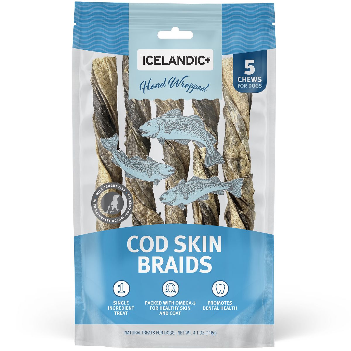 Icelandic+ Dog Chew Cod Skin Braid 7in Hand Wrapped 5pk
