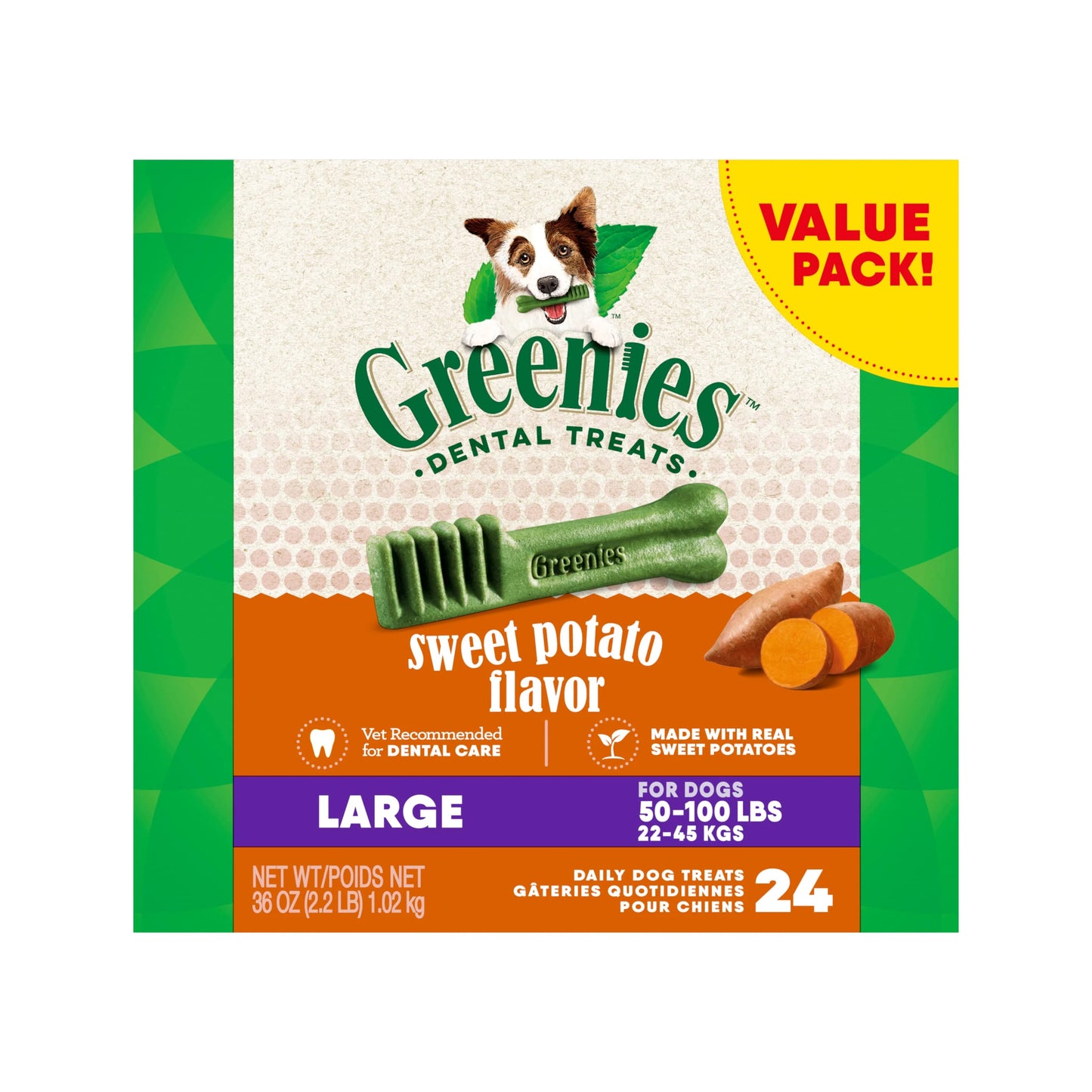 Greenies Canine Dental Treats, Sweet Potato Flavor, Large, Box of 24 (36oz)