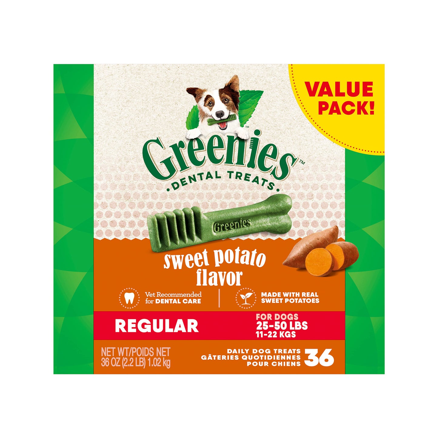 Greenies Canine Dental Treats, Sweet Potato Flavor, Regular, Box of 36 (36oz)