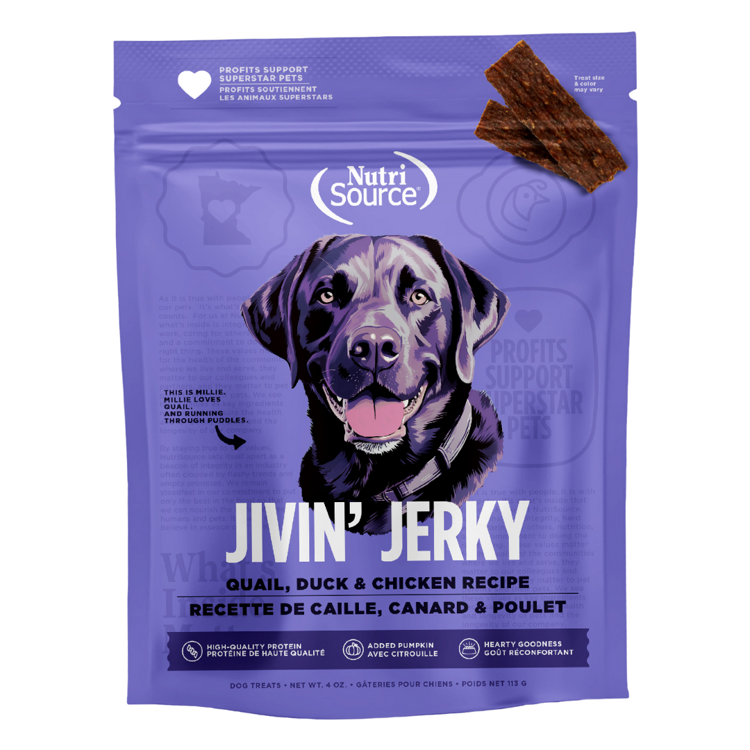 Nutrisource Jivin Jerky Strips Dog Treat Quail Duck and Chicken Recipe 4 oz