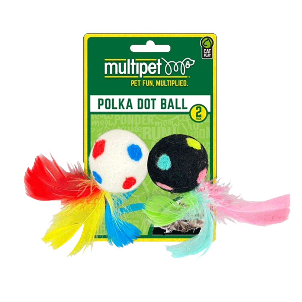 Multipet Cat Toy Polka Dot Ball with Feather 2pk Assorted