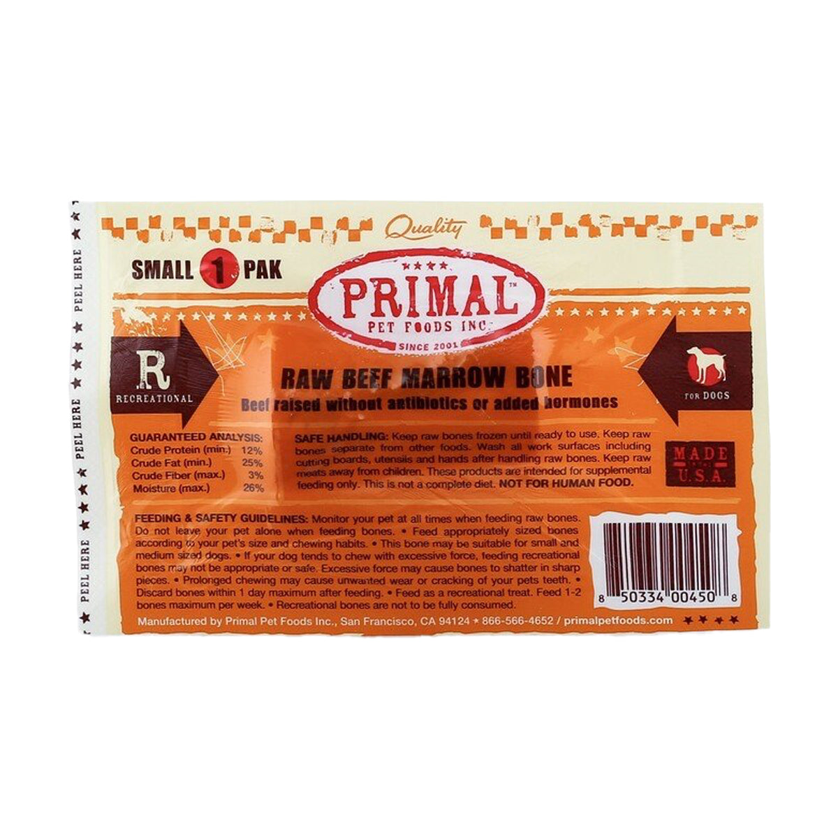 Primal Frozen Raw Beef Marrow Bone, Small, 1-Pack