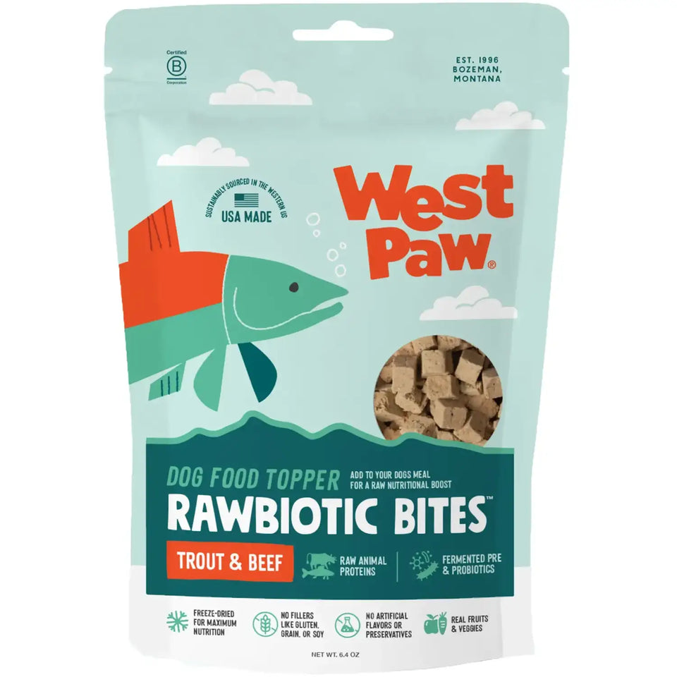 West Paw Dog Rawbiotic Bites Dog Food Topper Trout & Beef Freeze Dried 6.4oz