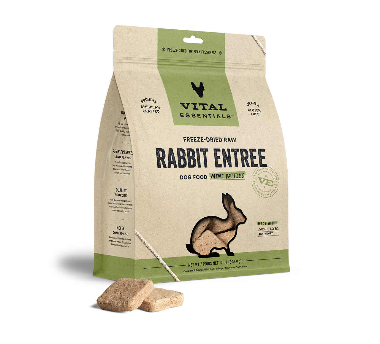 Vital Essentials Freeze-Dried Raw Entree Dog Food Mini Patties Rabbit 14oz