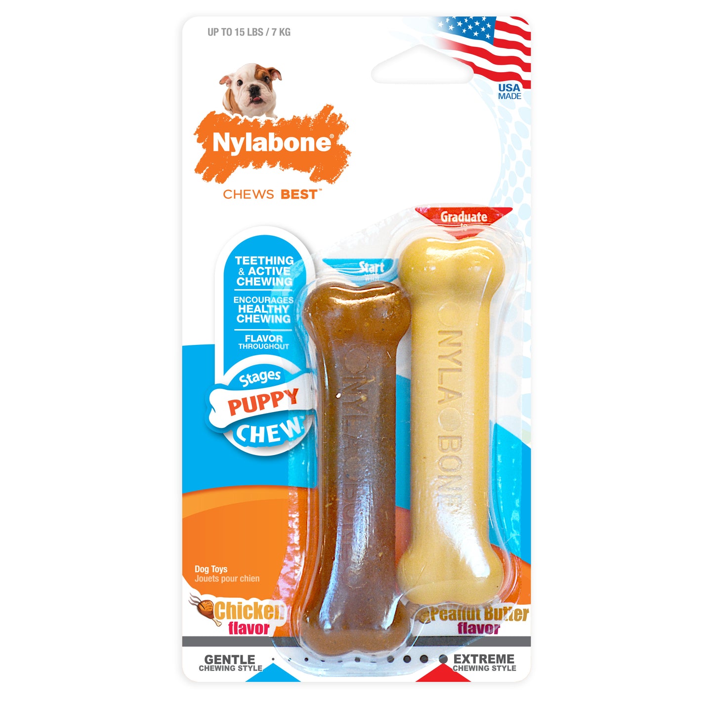 Nylabone Classic Puppy Chew Flavored Durable Dog Chew Toy Chicken & Peanut Butter Bone X-Small/Petite