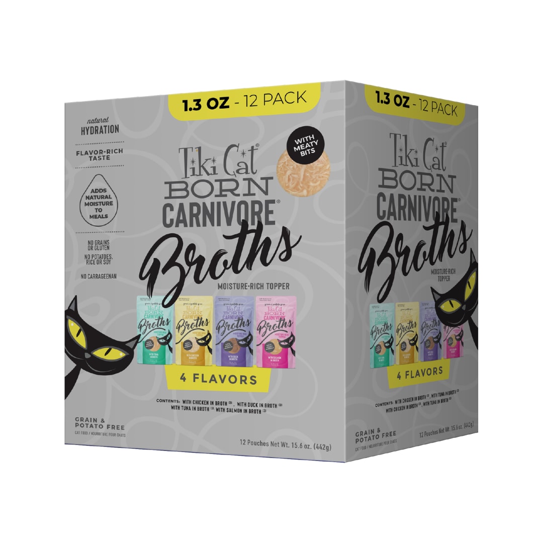 Tiki Cat Born Carnivore Broths Wet Cat Food Toppers Variety Pack 1.3oz Pouch (12 Count)