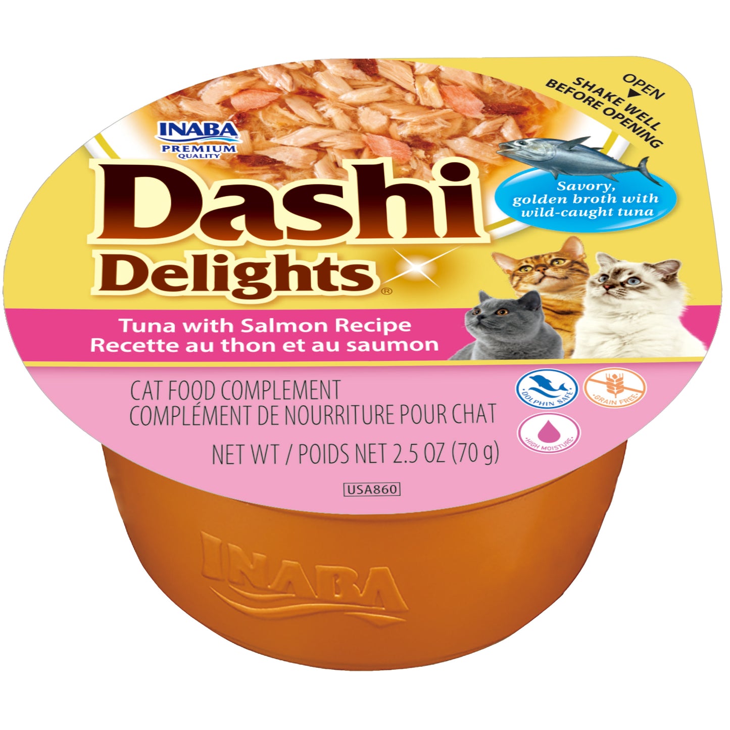 INABA Dashi Delights for Cats, Shredded Tuna with Bonito Flake Broth, 2.5oz Cup, Tuna with Salmon Recipe