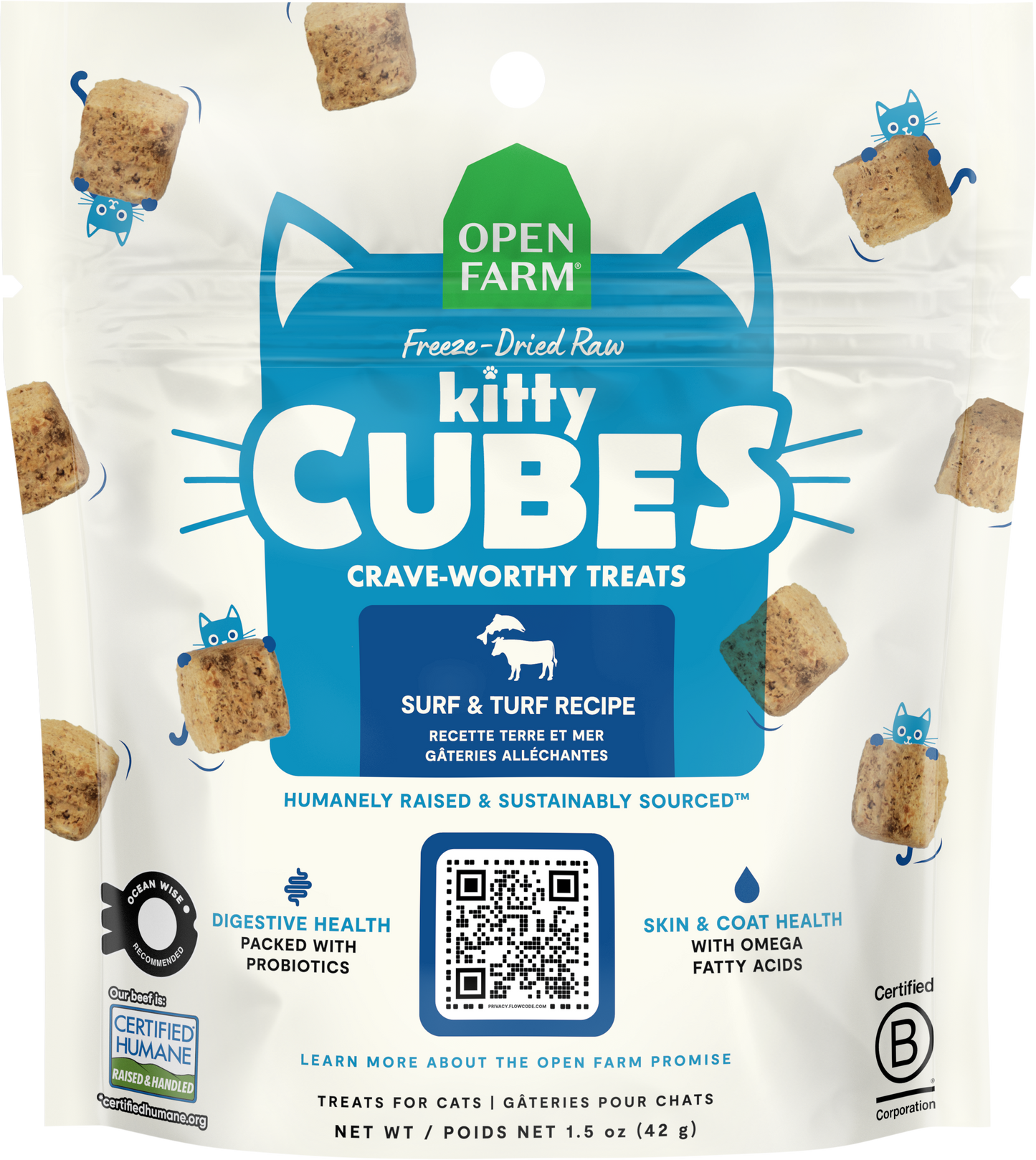 Open Farm Freeze-Dried Raw Kitty Cubes Cat Treats - Surf & Turf Recipe 1.5oz Bag