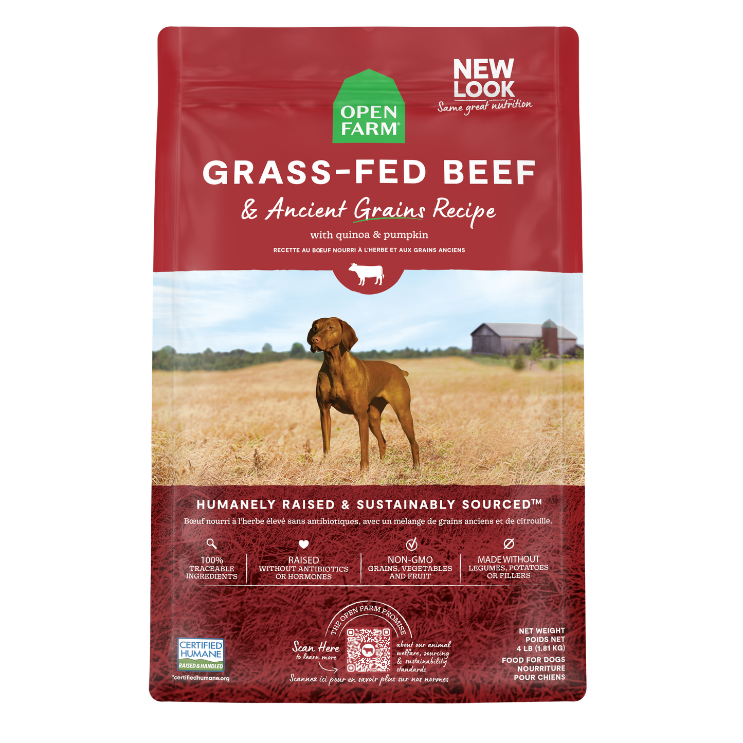 Open Farm Grass-Fed Beef & Ancient Grains Kibble For Dogs 4lb Bag
