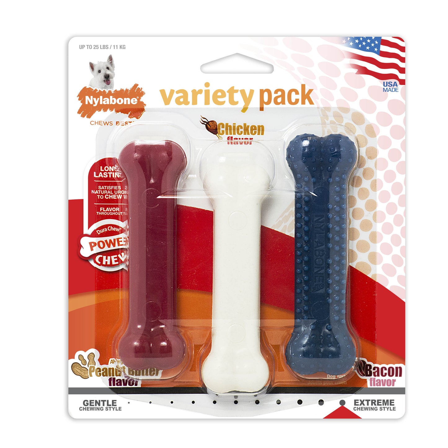 Nylabone Power Chew Variety Triple Pack Chicken, Bacon & Peanut Butter Small/Regular
