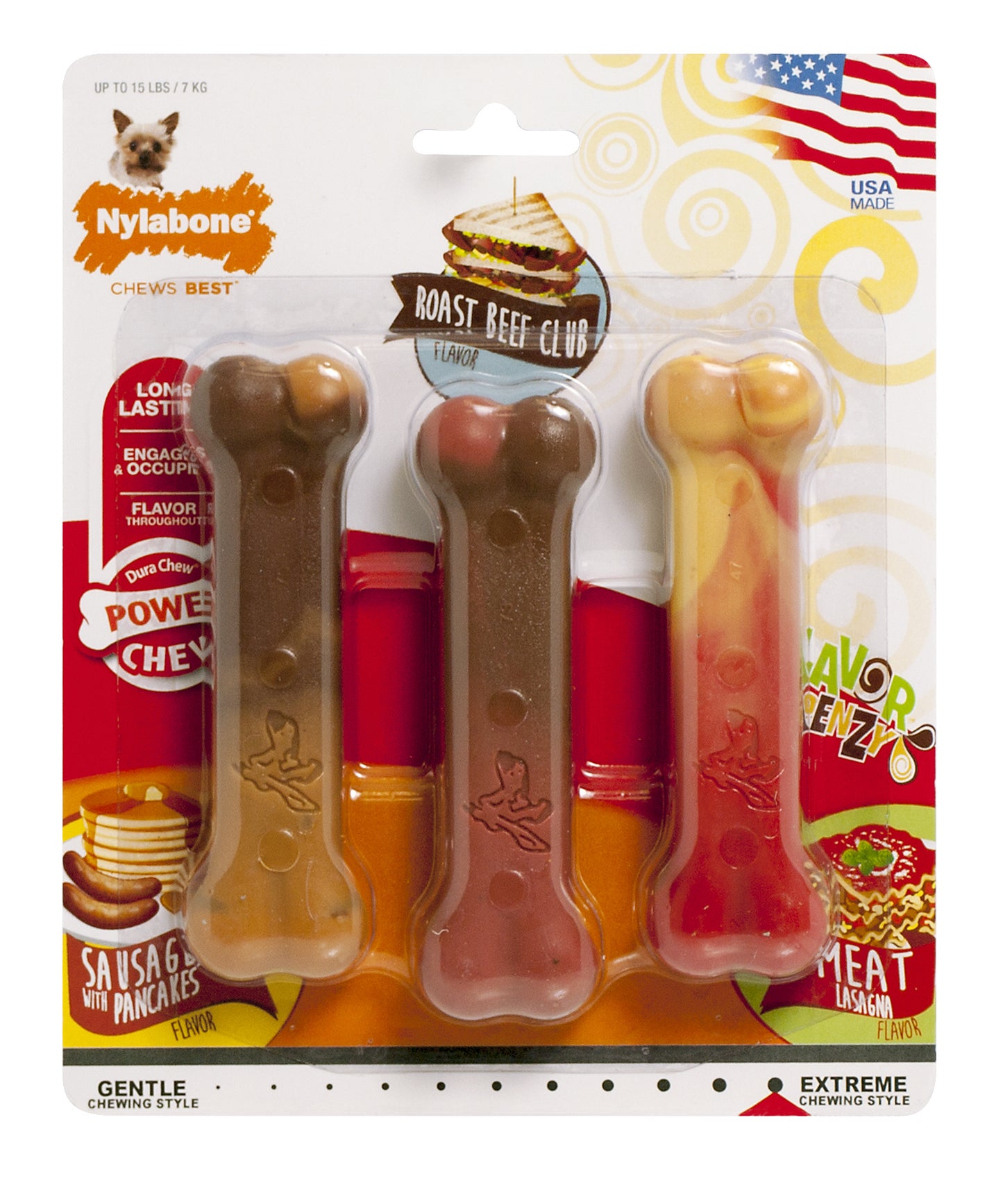 Nylabone Flavor Frenzy Power Chew Triple Pack Pancakes & Sausage, Roast Beef Club, & Lasagna X-Small/Petite