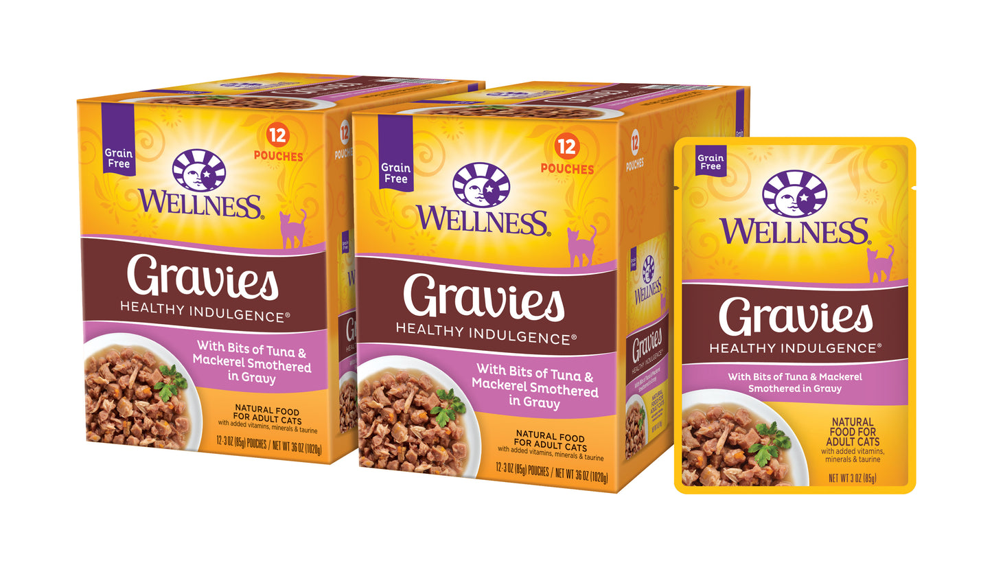 Wellness Healthy Indulgence Natural Grain Free Wet Cat Food Gravies Tuna & Mackerel 3oz Pouch