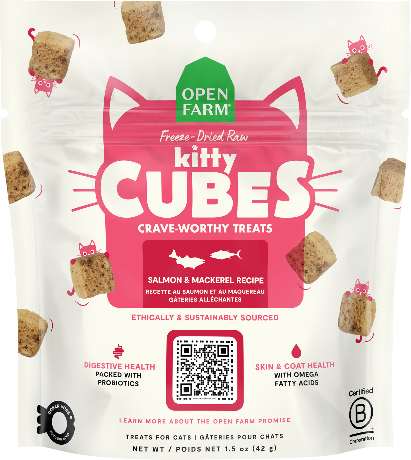 Open Farm Freeze-Dried Raw Kitty Cubes Cat Treats - Salmon & Mackerel Recipe 1.5oz Bag