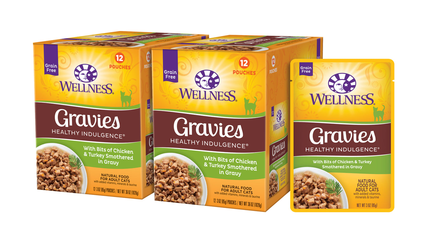 Wellness Healthy Indulgence Natural Grain Free Wet Cat Food Gravies Chicken & Turkey 3oz Pouch