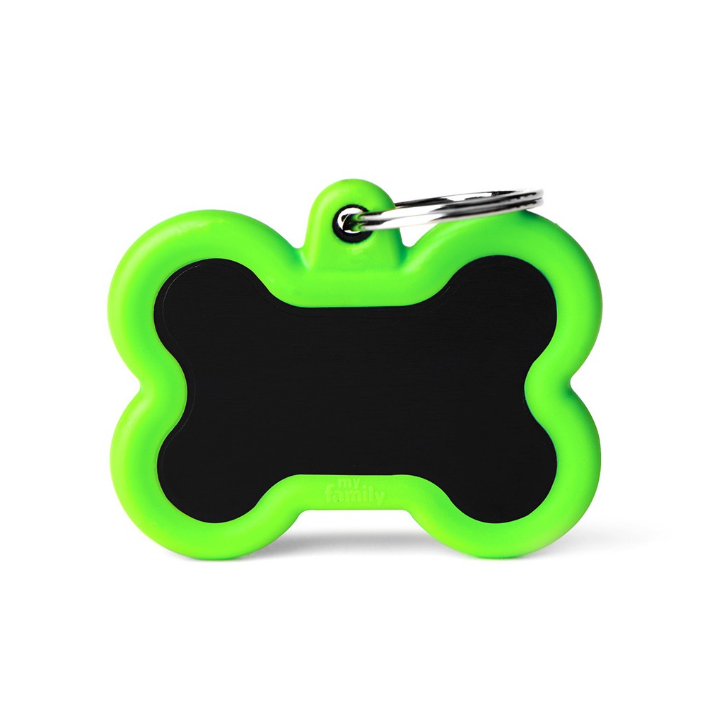 My Family ID Hushtag Big Black Aluminum Bone ID Tag with Green Rubber