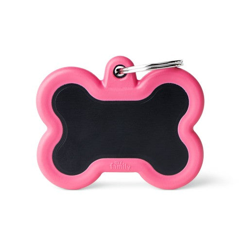 My Family ID Hushtag Big Black Aluminum Bone ID Tag with Pink Rubber