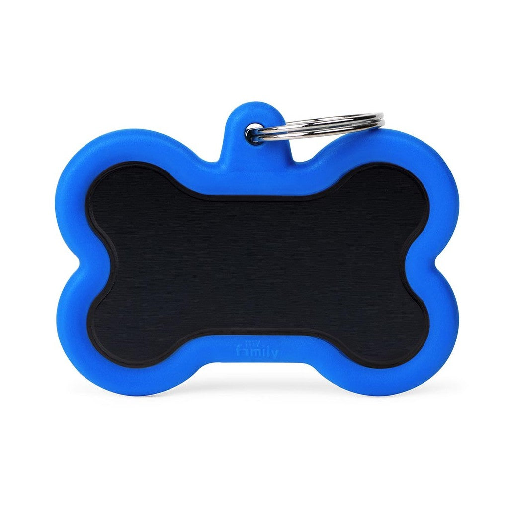 My Family ID Hushtag XL Black Aluminum Bone ID Tag with Blue Rubber